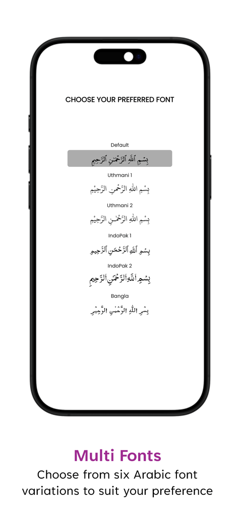 Dua & Azkar - A mobile screen showing various Arabic font options in the Dua and Azkar app including Uthmani and IndoPak styles