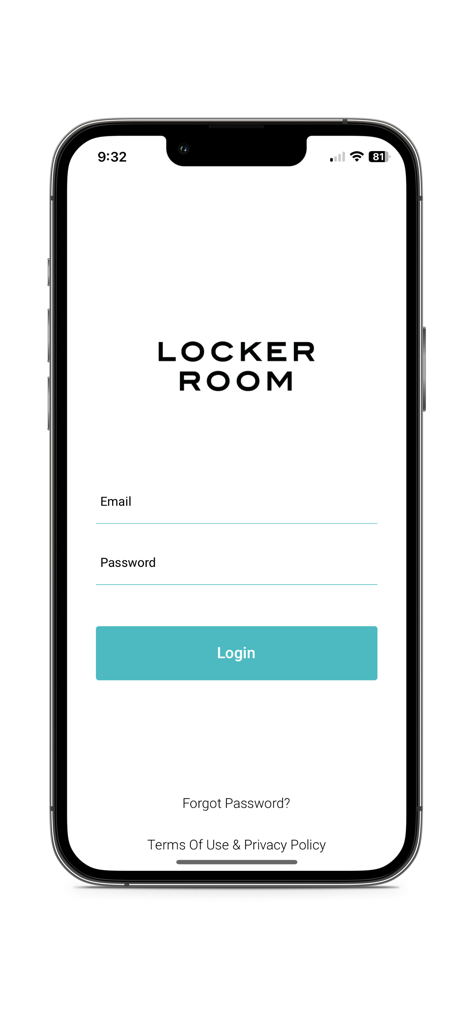 LOCKER ROOM TLV - Pantalla de inicio de sesión para la app Locker Room TLV con campos para correo electrónico y contraseña y un botón de inicio de sesión en color turquesa