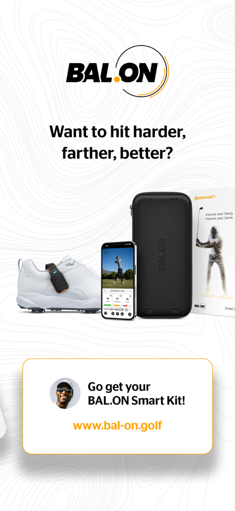 Sistema de entrenamiento de golf BAL.ON que presenta un sensor de zapato, una aplicación móvil con métricas de swing y un estuche de transporte