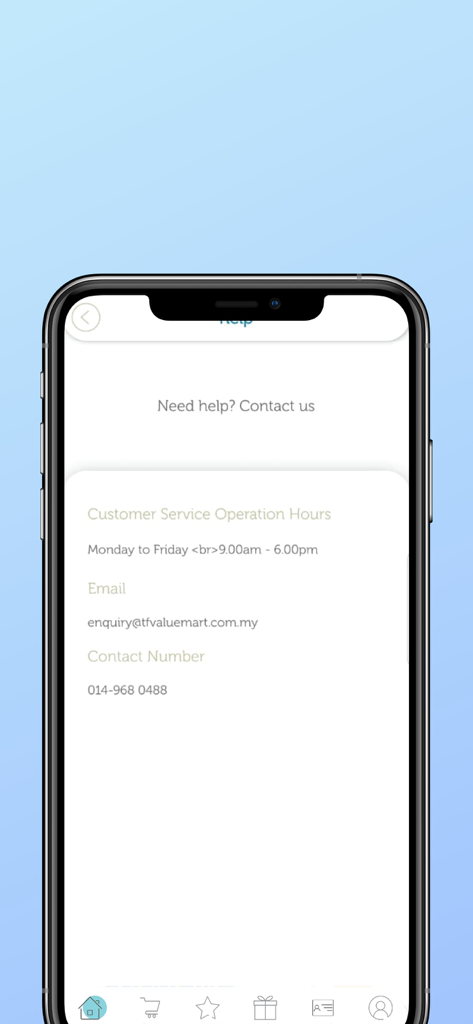 TF Value-Mart - TF Value-Martアプリのお問い合わせページ。カスタマーサービスの時間と連絡先情報が表示されています。
