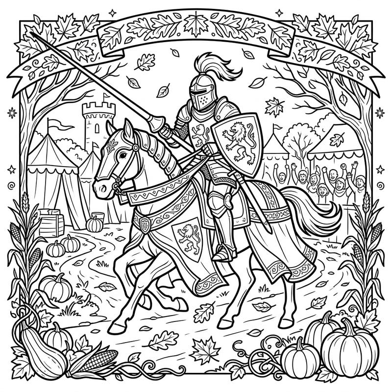 Embark on a medieval journey with this exciting Jousting Knight coloring page set against a vibrant autumn backdrop. Perfect for bringing the thrill of a fall festival and valiant knights to life with your favorite colors.