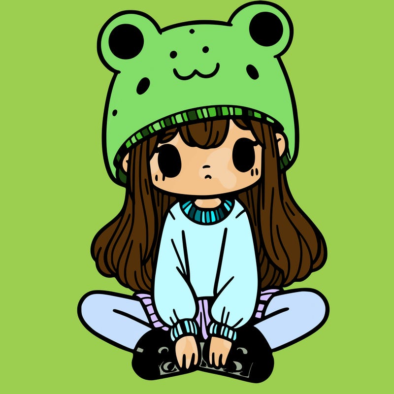 a girl wearing a frog hat and some frog socks
