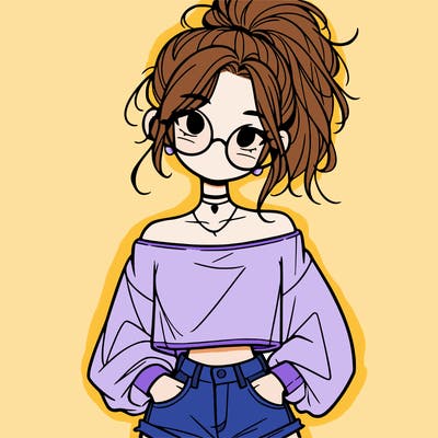 girl with a messy ponytail glasses a baggy crop top and jean shorts