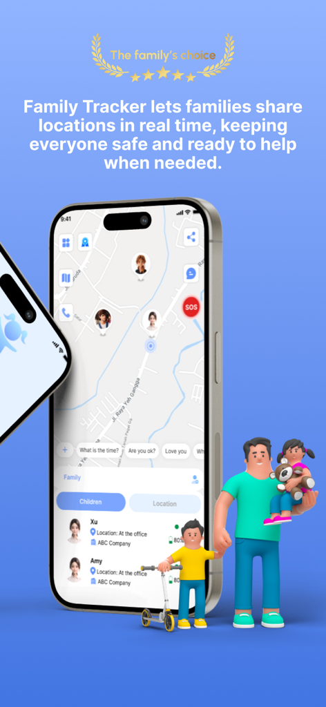 Interface de compartilhamento de localização familiar em tempo real em um mapa de smartphone