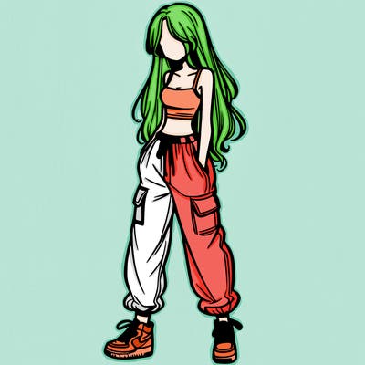 girl in baggy pants crop top and long hair