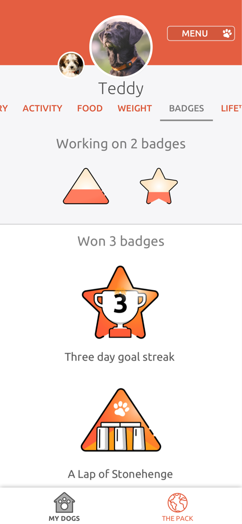 PitPat app screen showing earned and in-progress activity badges for a dog named Teddy.