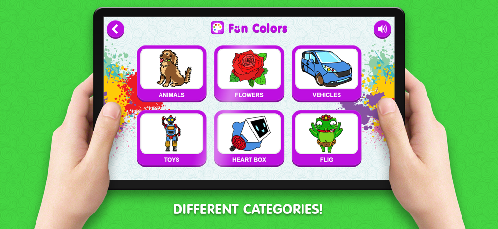 タブレットに表示された、動物、花、乗り物などのさまざまな塗り絵カテゴリの選択画面。