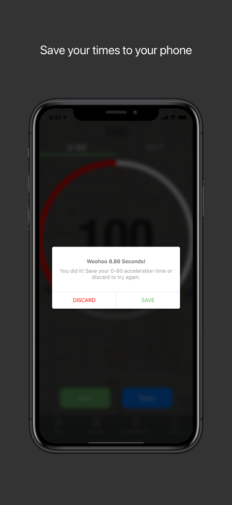 FastR - 0-60 Acceleration Test - Captura de tela do aplicativo FastR mostrando um resultado de aceleração de 0 a 100 km/h de 8,86 segundos com uma opção para salvar o tempo.