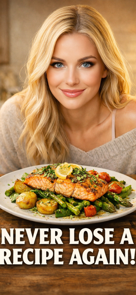 Chefy Meal Planner & Recipes - A smiling woman with a healthy plate of salmon and vegetables and the text Never Lose a Recipe Again