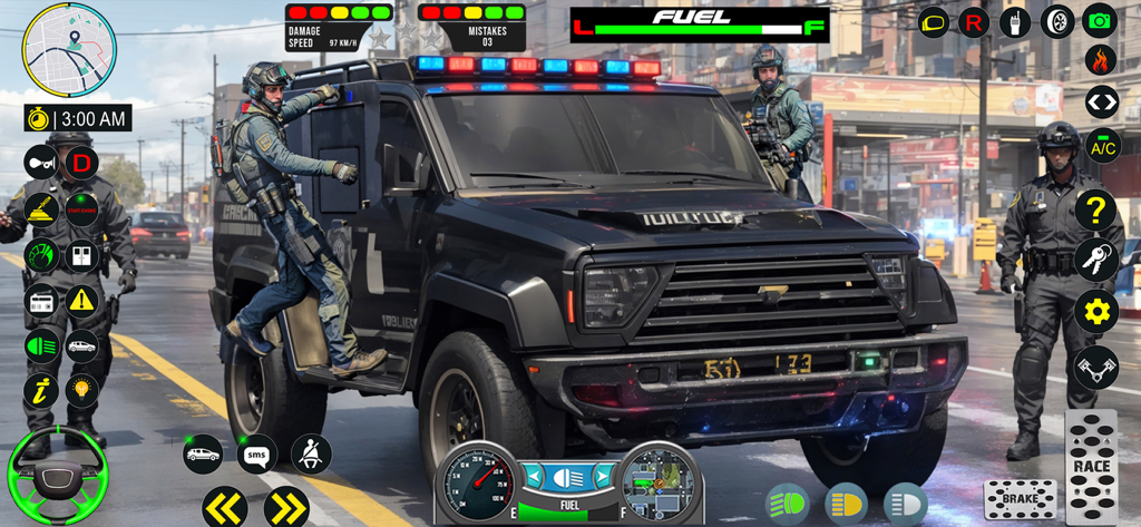 Cop Car Chase Police Simulator - Gameplay screenshot showing a black armored police vehicle with officers in a city street setting