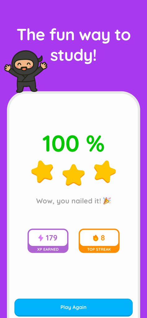 SnapTest: AI Quiz & Study - SnapTest app quiz results screen showing a one hundred percent score, three stars, and XP earned.