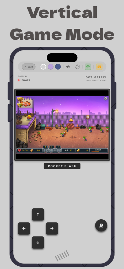Screenshot of PocketFlash app showing a retro SWF game playing in vertical mode with an on-screen directional pad and button controls.