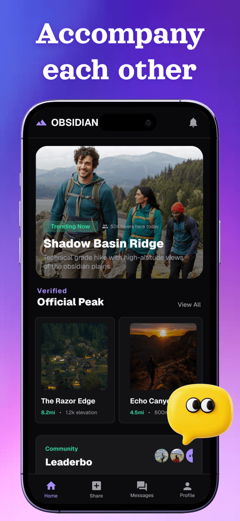 Obsidian: Always Together - Obsidian hiking app interface showing Shadow Basin Ridge trail and community leaderboard.