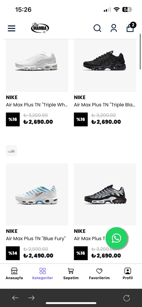 Product catalog screen of the Drip Mamba app featuring several colorways of Nike Air Max Plus TN sneakers with price tags and discounts.