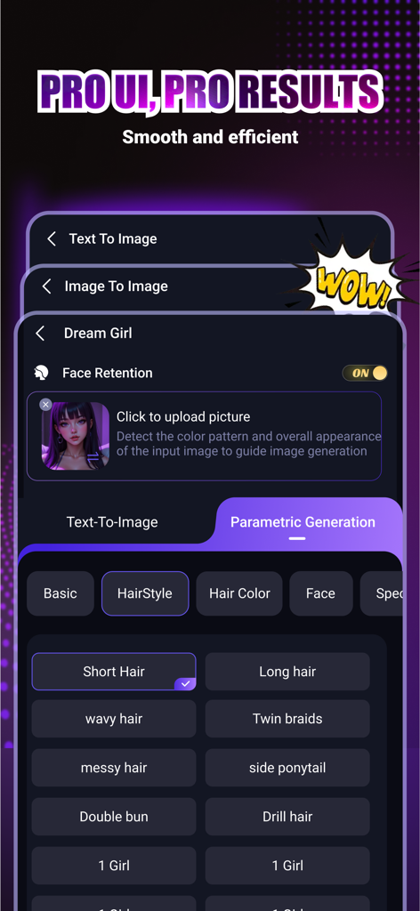 Magic AIインターフェース。キャラクターカスタマイズとパラメトリック生成オプションが表示されています。