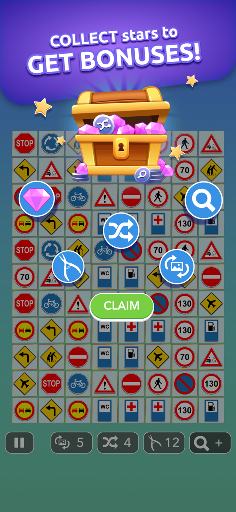 Onnect – Pair Matching Puzzle - A gameplay screen of Onnect showing a treasure chest bonus and matching tiles