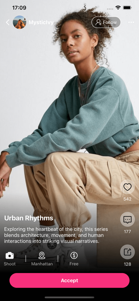 Tjgo - Video Chat，Adult Share - Interfaz de la aplicación Tjgo que muestra un perfil de modelo con contenido de moda y botones de interacción social