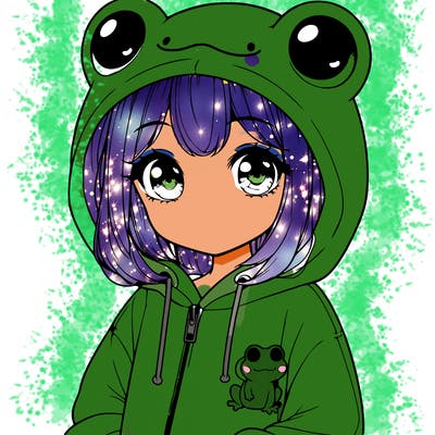 cute realistic girl in a froggy hoodie