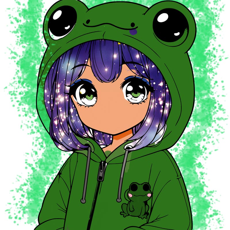 cute realistic girl in a froggy hoodie