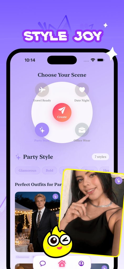 Aoya - Vibe & Style - Interface of the Aoya fashion app showing options to choose styles for different occasions like date night and party style
