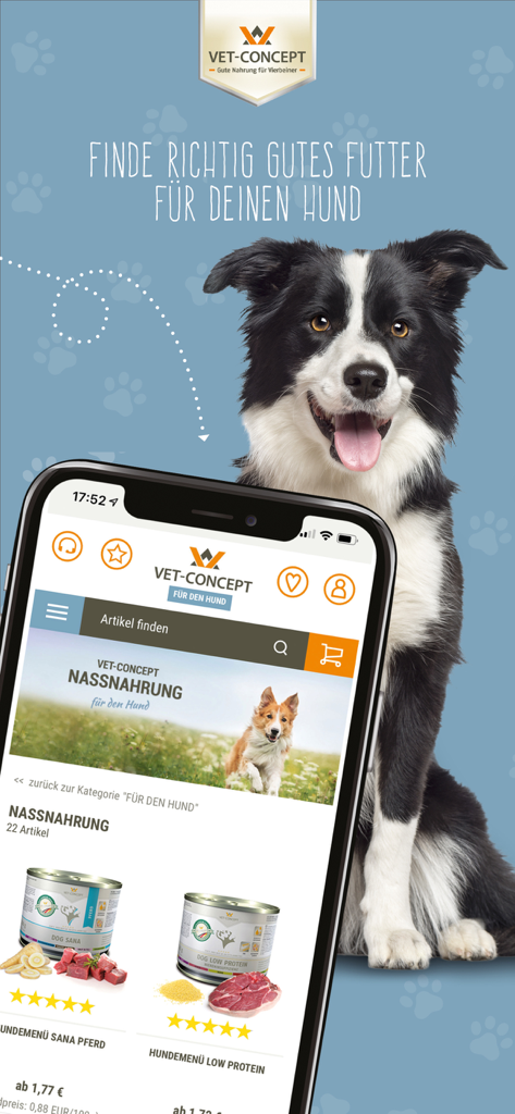 Vet-Concept - Vet-Concept mobile App-Oberfläche, die Premium-Nassfutterprodukte für Hunde neben einem Border Collie zeigt