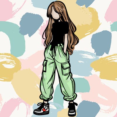 girl in baggy pants crop top and long hair