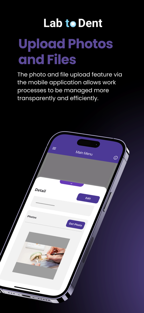 Lab to Dent - Tela do aplicativo móvel Lab to Dent mostrando o recurso de upload de fotos e arquivos para gerenciamento do fluxo de trabalho de laboratório dentário.