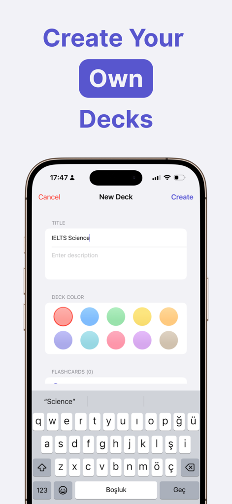MemoraX: AI Flashcard Maker - Interface of MemoraX app showing the screen to create a new custom flashcard deck with color options.