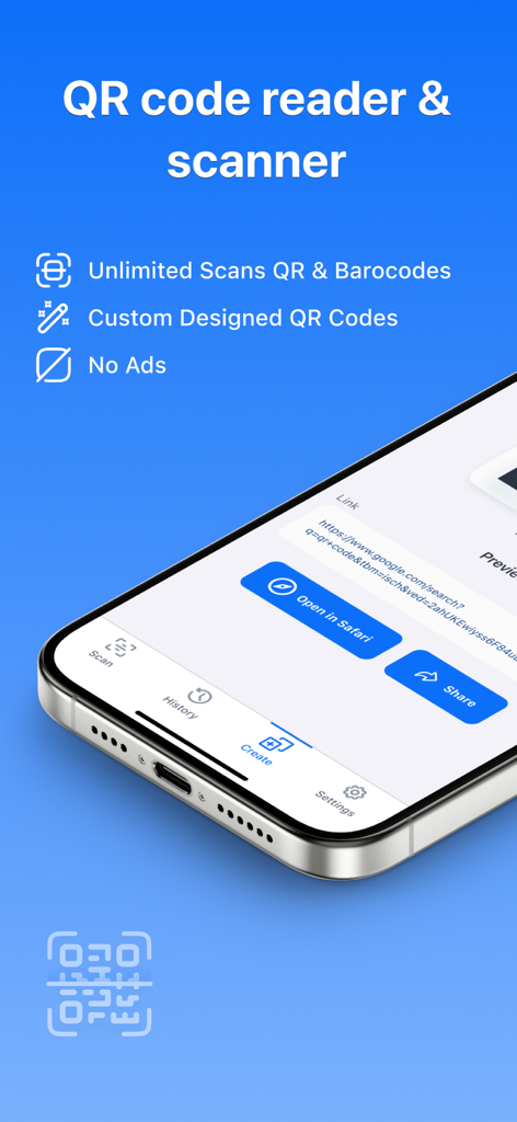 Interfaz de la aplicación Lector y Escáner de Códigos QR en un iPhone destacando escaneos ilimitados y funciones de diseño personalizadas.