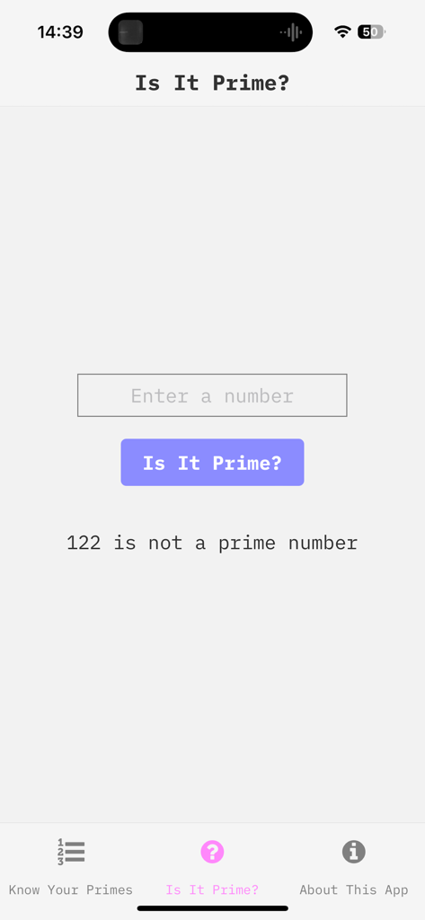 Numberus Primeアプリの「Is It Prime」チェッカーツールのスクリーンショット。122が素数ではないことを検証しています。