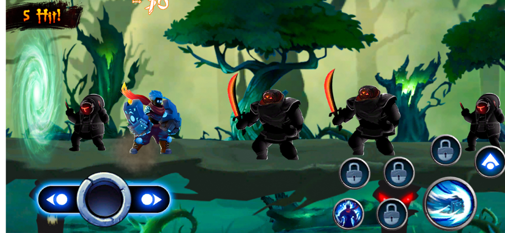 Kung Fu Karate: Ninja Fighting - Un héroe ninja con armadura azul luchando contra enemigos sombra en un nivel de bosque místico.