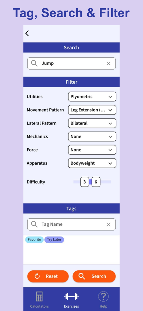 Search and filter interface for the ExRx exercise database