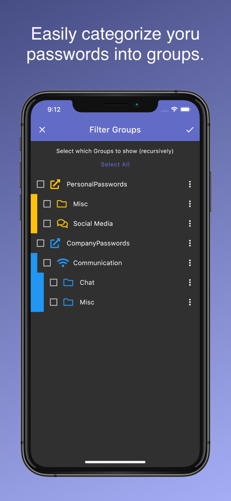 AuthPass – Password Manager - AuthPass mobile app screen showing options to categorize and filter password groups
