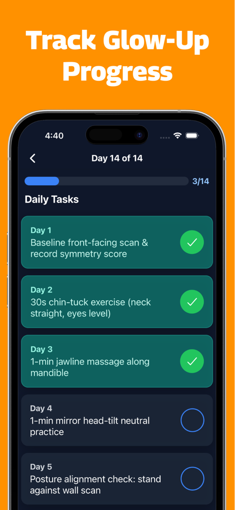 LooksMaxxing: AI Face Rating - A mobile interface showing a 14-day daily task list for facial improvement including jawline massages and symmetry scans.