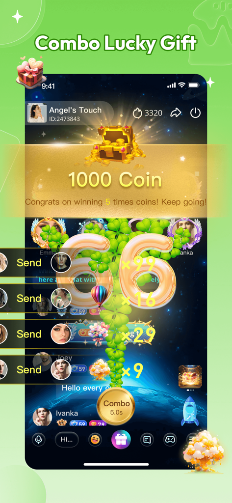 Whis-Chat, Party & Game - Screenshot of Whis app showing a Combo Lucky Gift animation with a treasure chest and 1000 coins reward during a social session