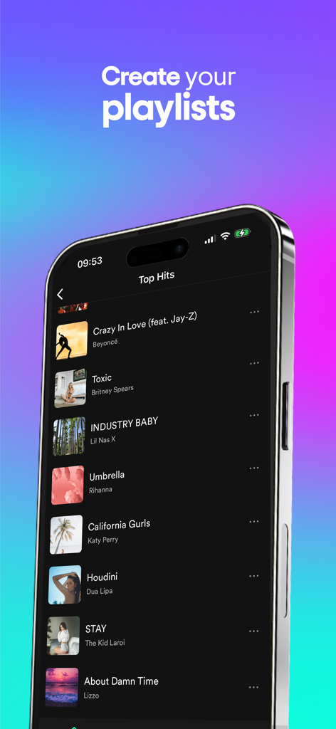 Tela do smartphone mostrando uma playlist de hits no aplicativo eBeat