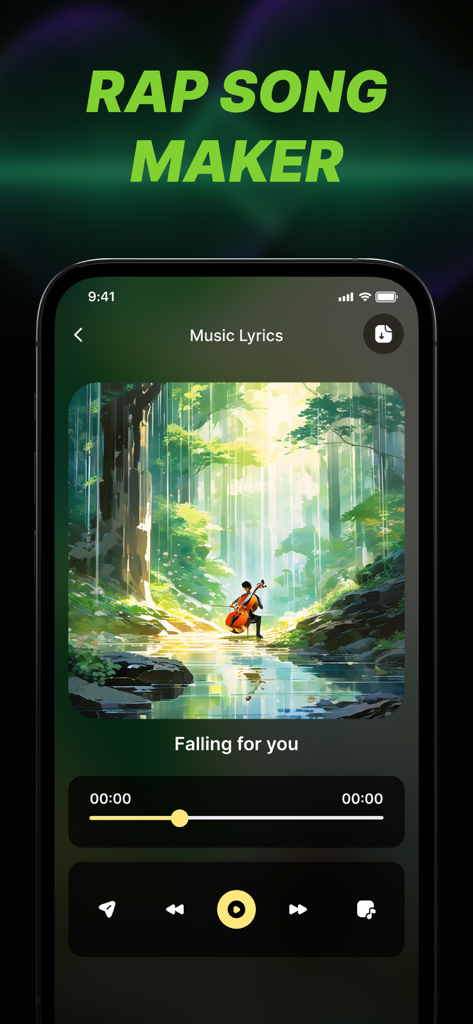 Interface du lecteur de musique de l'application Générateur de Paroles de Rap par IA, montrant la lecture de la chanson et la pochette de l'album.