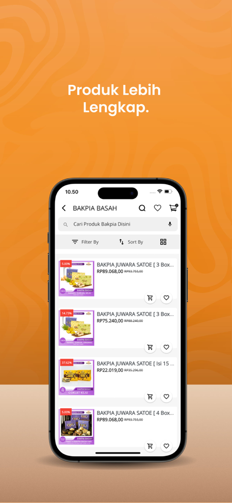 Mobile screen showing various Bakpia Basah product options in the Pia Juwara Satoe app