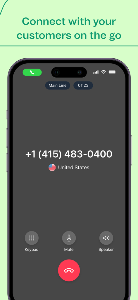 Brevo Phone app interface showing an active business call to a United States number on an iPhone