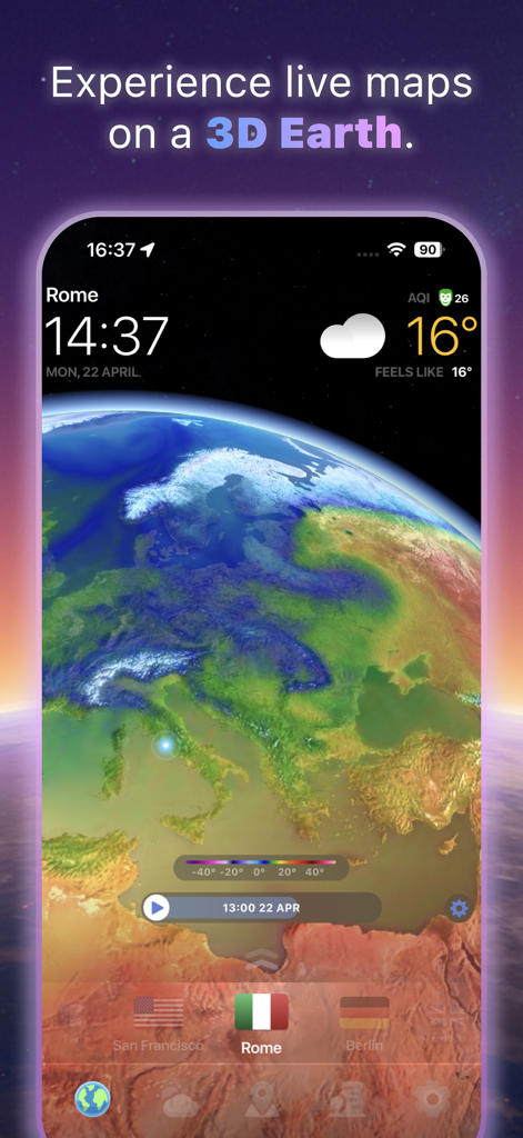WeatherNOW: Forecast Radar Map - WeatherNOW app displaying a 3D Earth globe with live weather radar and temperature map overlays.