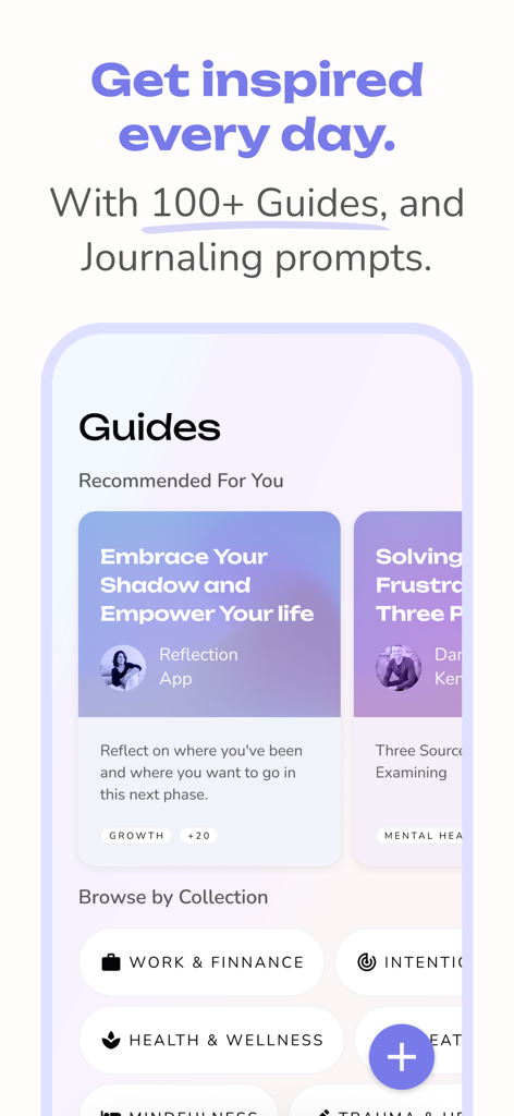 A display of guided journaling programs and category prompts in the Reflection AI Journal app interface.