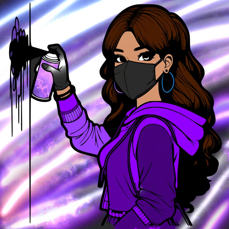 realistic girl with mask spray painting a wall