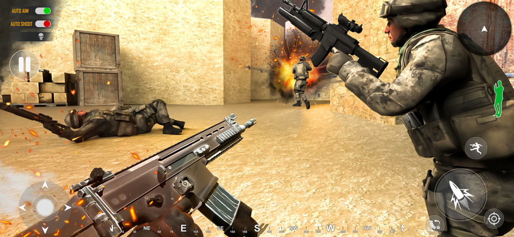 Action-packed first person shooter gameplay featuring a commando in a desert battleground with explosions