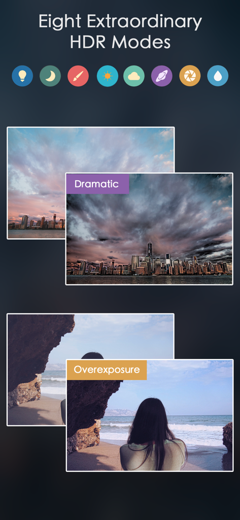 Relight - Better Photos - Relight app showing eight HDR modes with dramatic and overexposure photo editing comparisons