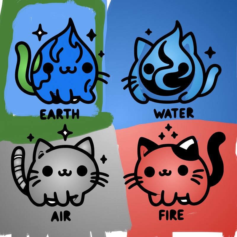 4 cats that represent the different elements, earth, water, air, and fire