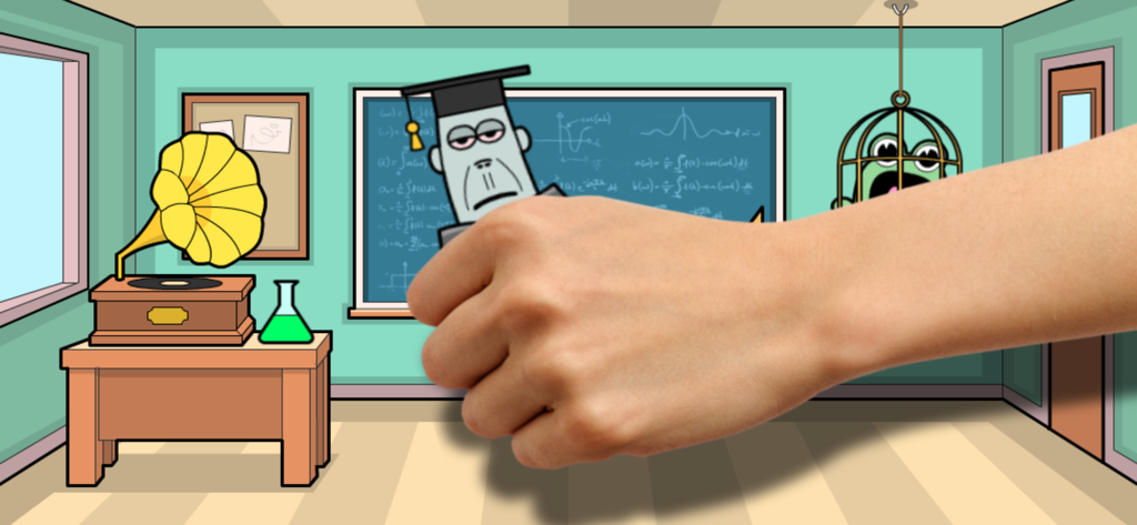 Bash the Teacher! School Prank - 学校のいたずらゲーム中に、教室で巨大な手がカートゥーン風のロボット先生を掴んでいる様子。