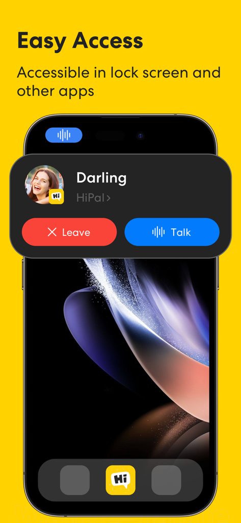 HiPal: Phone tracker & Talkie - HiPal walkie talkie interface on mobile lock screen showing talk and leave buttons