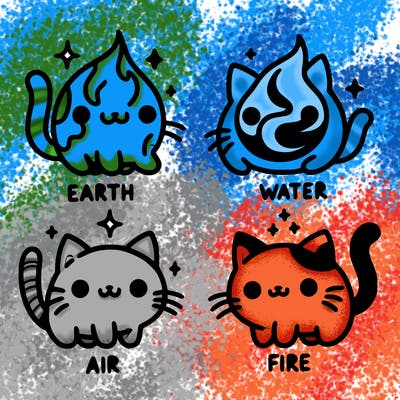 4 cats that represent the different elements, earth, water, air, and fire