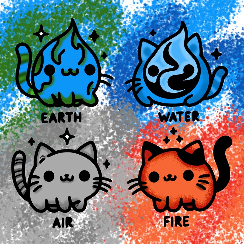 4 cats that represent the different elements, earth, water, air, and fire