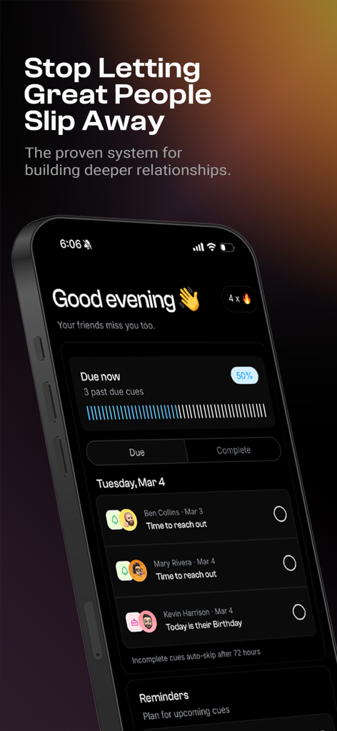 Socialite: Stay Connected - Socialite app dashboard showing a list of relationship reminders and birthday notifications for friends.